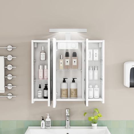Armoire de salle de bain murale blanche de 60 cm avec miroir, 3 portes, éclairage LED et prise française, étagères en verre réglables en hauteur et charnières à fermeture douce, entièrement pré-assemb (1/5)
