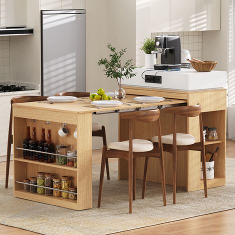 Isola cucina con tavolo estraibile pieghevole, prese e ganci, MDF vetro, naturale OKWISH (1/5)