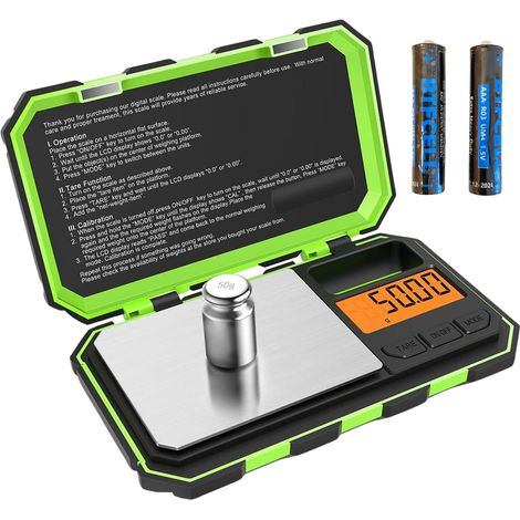 Mini balance multifonctionnelle haute précision 200 g / 0,01 g avec fonction tare, cuisine, bijouterie, balance de précision, échelle de poche (plastique, vert et noir) (1/5)