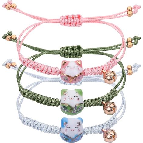 Bracelet porte-bonheur Maneki Neko (3 pièces) - Bracelet mignon en perles de céramique tressées, symbole de chance