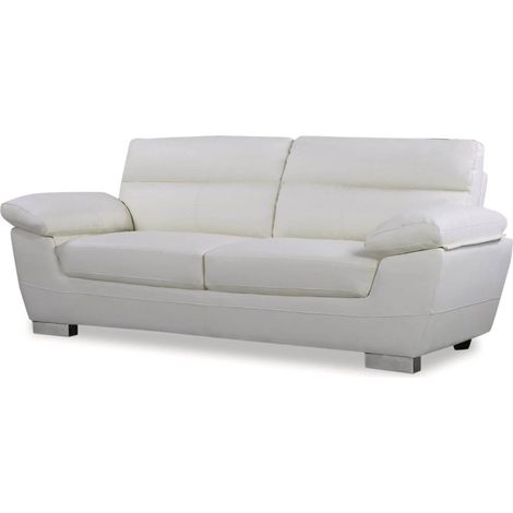Habitat Et Jardin – Canapé droit 3 places en cuir reconstitué et PVC – Dimensions 210 x 88 x 90 cm – Confort optimal avec têtières – Couleur blanc