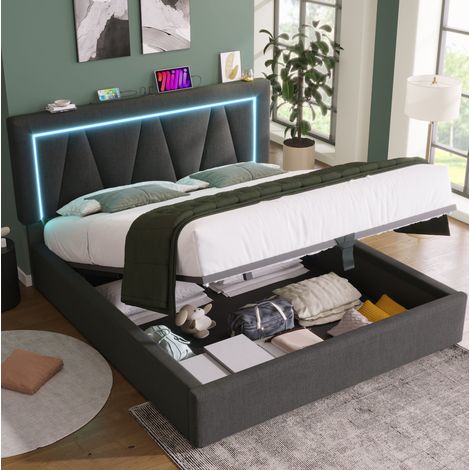 Cama doble con almacenaje LED USB lino gris 160x200 OKMYHOME (1/5)
