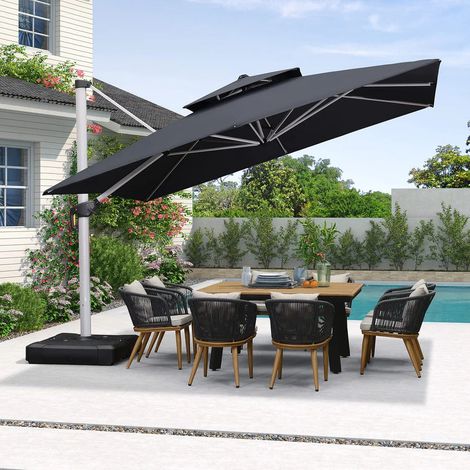 PURPLE LEAF parasol déporté carré 3,65 × 3,65 m, rotation 360°, double toit ventilé, poignée en aluminium moulé, pour jardin, cour et piscine, Gris