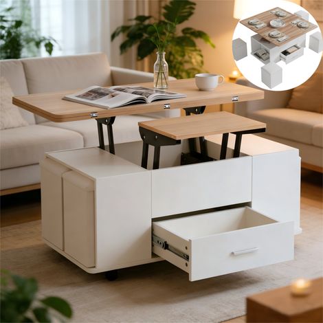 Table basse réglable 100x50x45 cm - Table de canapé mobile convertible en table à manger, avec 4 poufs, tiroirs et plateau en bois naturel, table multifonction 4-en-1 - Blanc (1/5)