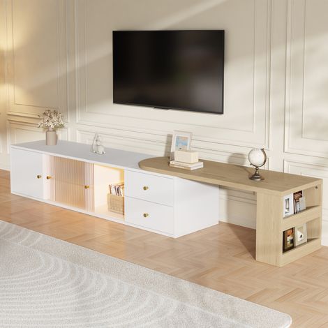 Meuble TV Extensible avec LED RGB Bluetooth, Banc TV Blanc et Bois, 2 Tiroirs, Portes Coulissantes en Verre Cannelé, Buffet TV Salon 175cm (1/5)