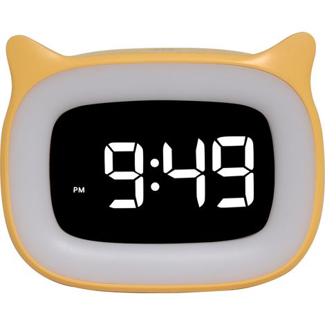 BEBUSINGOTO Despertador digital para niños - Despertador dual con luz digital - Diseño de gatos - Función de repetición - 18 melodías - 5 modos de brillo - Luz nocturna programada - Amarillo (1/4)