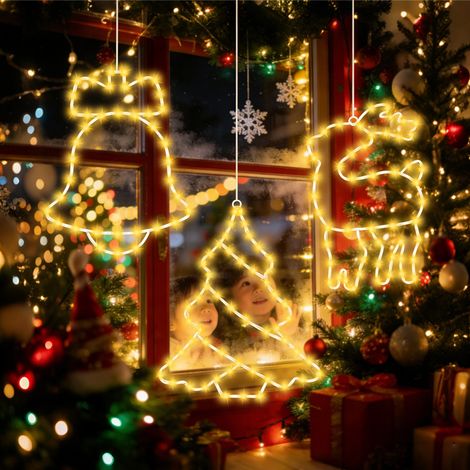 Décorations LED de Noël pour fenêtre, lot de 3 – Sapin, cloches et renne lumineux, lumière chaude, 3 modes et minuterie (1/5)