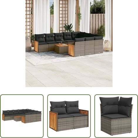 vidaXL Canapé jardin - Salon de jardin 11 pcs avec coussins gris résine tressée