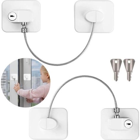 2 PCS Securite Fenetre Enfant, Entrebailleur Fenetre PVC Sans Percer Serrure Forte Adhésive Cable Bloc Fenetre Avec Clé, pour Réfrigérateur Portes et Tiroirs Fenêtres Securite Enfant (1/5)