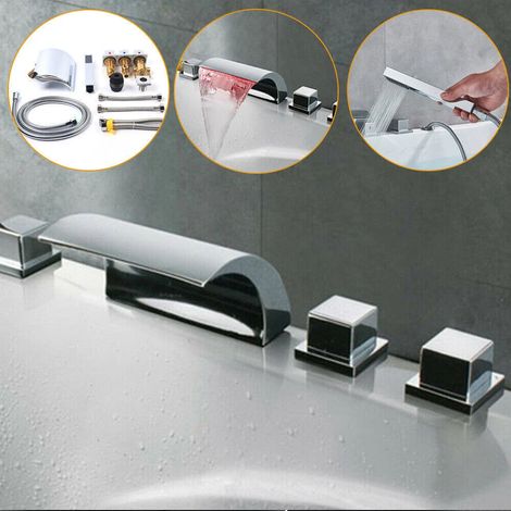 Gojoy – Robinet cascade salle de bains LED 5 trous – Mitigeur thermostatique en laiton – Finition chrome – Installation pont – 3 poignées
