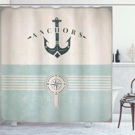Nautical Shower Curtain, Vintage Marine Anchor, Fabric Bathroom Decor Set with Hooks, 180cm x 180cm, Seafoam Black Beige (1/5)