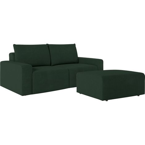 PACK - Canapé droit fixe 2 places ROMANE avec pouf en velours côtelé - Vert foncé (1/5)