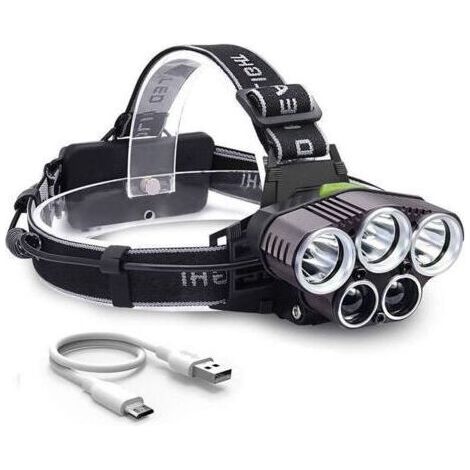 Wiederaufladbare Stirnlampe, 100 Lumen, leistungsstarke Beleuchtung, 5 LEDs, USB-aufladbar, 6 Beleuchtungsmodi, batterielos, stoßfest, zum Gehen, Laufen, Campen usw. (1/4)