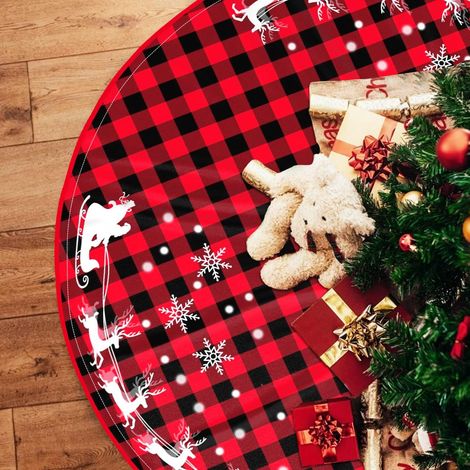 Falda rústica y gruesa para árbol de Navidad a cuadros rojos y negros, de 120 cm de largo, decorada con copos de nieve, renos y Papá Noel. (1/5)