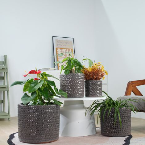 Maceta de cerámica (31.5x31.5x30 cm), para suculentas y plantas pequeñas, con relieve de espiga, gris (1/5)