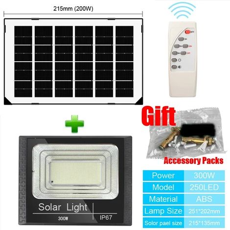 Projecteur solaire (1 pièce - 300 W, 250 LED) avec télécommande, étanche IP67, pour éclairage extérieur de villas et de rues, angle réglable. (1/5)