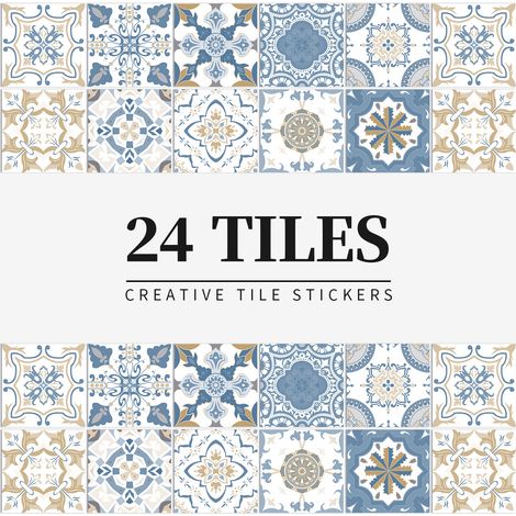 24 pièces Carreau de fleur autocollant 15x15cmBleu, Cuisine Salle de bain Bibliothèque Imperméable et résistant à l'huile, papier autocollant PVC, sticker mural rétro, amovible