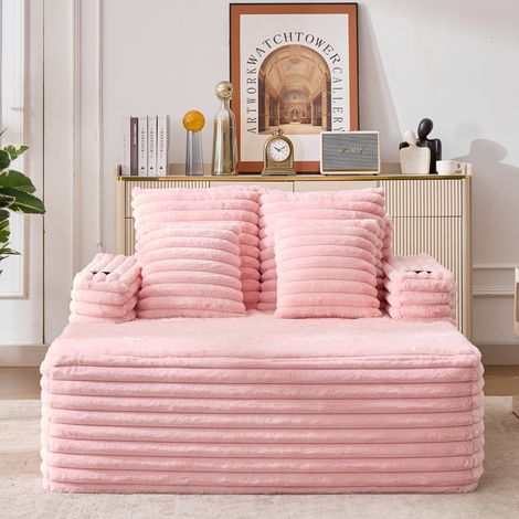 Canapé lit, Fausse fourrure, Avec chaise longue + Sans montage + Avec porte-gobelet, Salon, Ultra-doux (1/5)