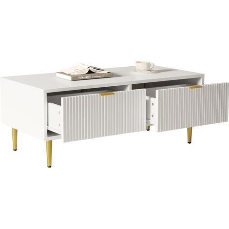 Table basse blanche avec 2 tiroirs, finitions dorées, design à rayures verticales, 100 x 50 x 40 cm, en MDF, pour salon moderne et rangement discret CHICFURN (1/5)