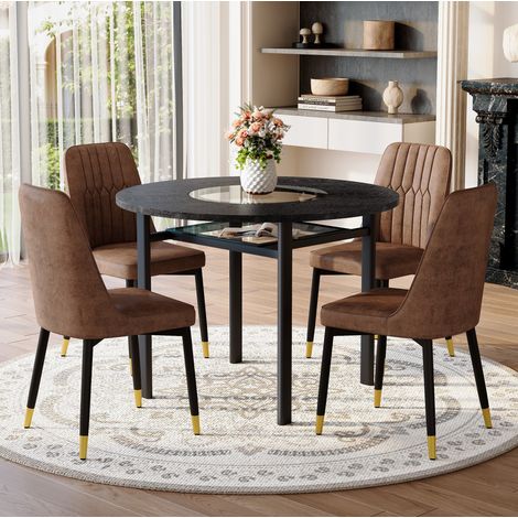 Modernes rundes Esstisch-Set 100 cm aus schwarzem MDF mit 4 braunen Stoffstühlen (1/5)