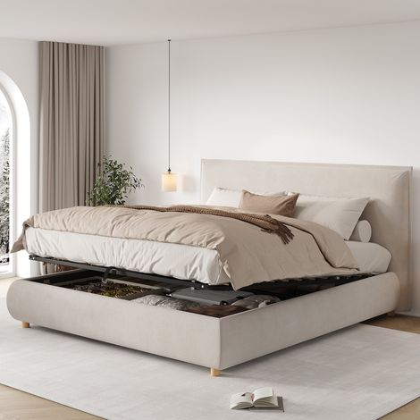 Lit Double Rembourré 180x200 cm avec Coffrage Hydraulique, Tête de Lit Velours, Pieds en Bois Massif et Sommier à Lattes - Beige