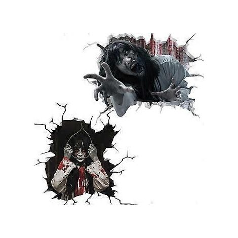 SZTXJ 2er-Pack 3D Halloween Wandaufkleber Gruselige Frau Wandtattoos Abnehmbare Horror-Wandtattoos Wandbild Bodenkunst für Schlafzimmer Wohnzimmer Ladendekoration,