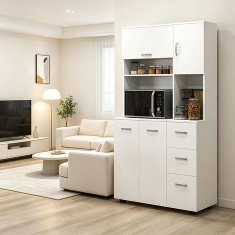 Armoire haute de cuisine autoportante avec tiroir et multiples espaces de rangement, meuble de rangement spacieux pour conserver ustensiles, conserves et accessoires alimentaires dans votre cuisine (1/5)