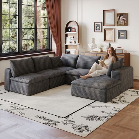 Modulares 5-Sitzer-Sofa „Cloud“ mit Hocker aus komprimiertem Cord, keine Montage erforderlich, für das Wohnzimmer, 260 x 250 x 60 cm, Dunkelgrau
