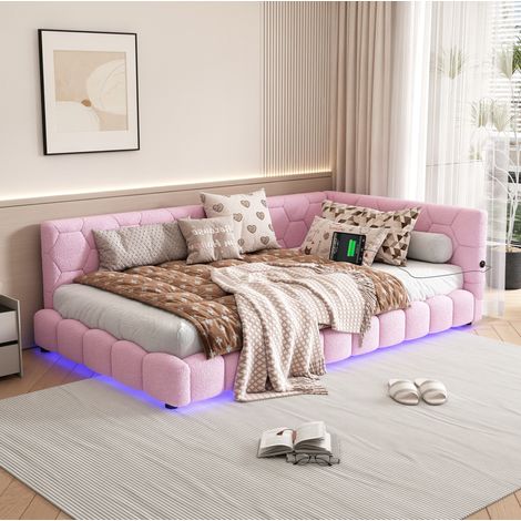 Cama dormitorio tapizada con LED USB Tipo C rosa OKMYHOME (1/5)