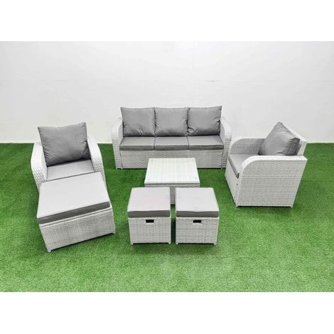 Fimous PE Rattan Garden Furniture Set Reclining Chair Sofa Lounge Sofa Set Square Coffee Table 3 Stools Light Grey (1/4)