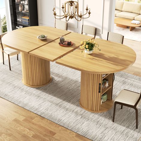 Table à manger extensible 149,8-189,7x80x75 cm, plateau ovale, rangement caché, mécanisme coulissant, structure MDF/métal, effet bois naturel (1/5)