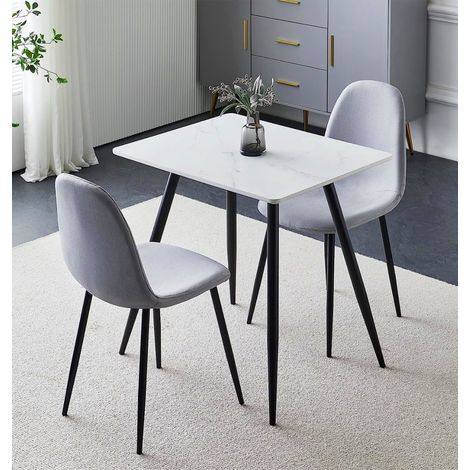 Hallowood Furniture Cullompton Small Dining Table and Chairs Set 2, (0.8m) White Marble Effect Top Kitchen Table and Chairs in Grey Fabric Upholstery and Metal Legs, Dining Room Sets for Home & Café (1/5)