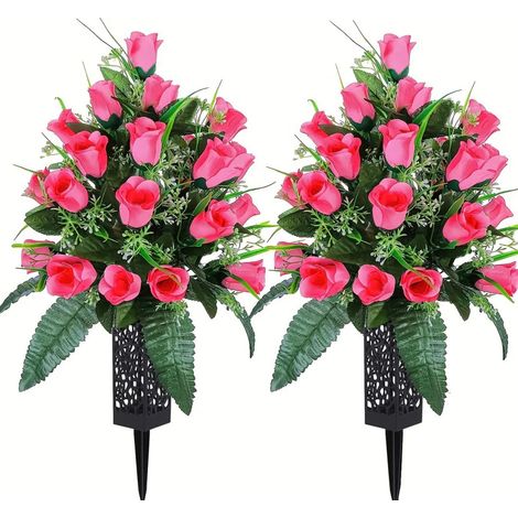 Jolies fleurs artificielles de cimetière Comy avec vase, lot de 2 bouquets de lys roses artificiels (1/4)