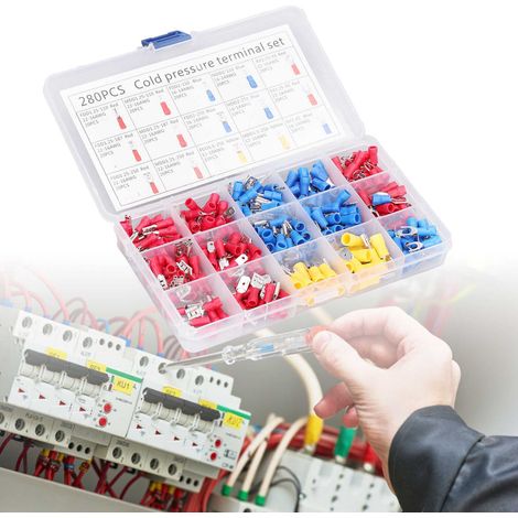 Set mit 280 isolierten Drahtverbindern, einschließlich Crimp-Anschlüssen für Schiffs- und Automobilkabel in Gabel-, Ring-, Flach- und Schnellkupplungsform. (1/5)