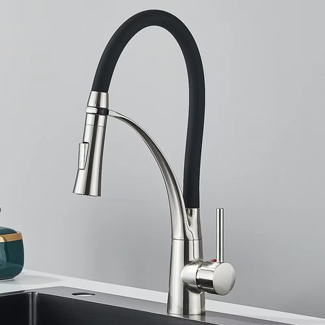 Robinet de cuisine avec flexible extensible en caoutchouc - Douchette extensible, mitigeur thermostatique eau chaude/eau froide - Nickel brossé