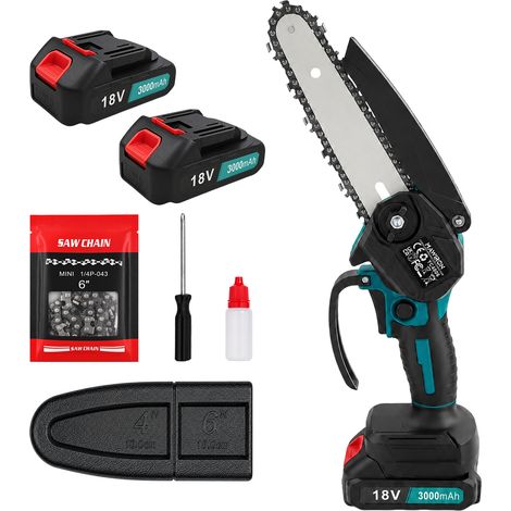 6 Pouces Tronconneuse a Batterie, Mini Tronçonneuse Électrique Sans Fil Brushless 2 Batteries 3.0Ah, 2 Chaîne pour la Coupe du bois, l'élagage le Jardin(600W)