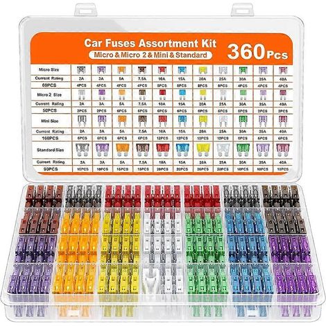 Compatible avec les jeux de fusibles à lames de 360 pièces, comprenant 160 mini fusibles à lames + 90 fusibles standard + 50 fusibles miniatures + 60 fusibles miniatures de type 2 (2A-40A). (1/5)