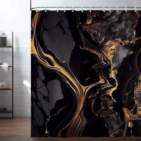 Rideau de Douche en marbre Noir 150x200cm Abstrait de Luxe Or Texture Or Rideau de Salle de Bain Moderne esthétique Salle de Bain Art Rideau décoratif Rideau de Baignoire étanche (1/5)
