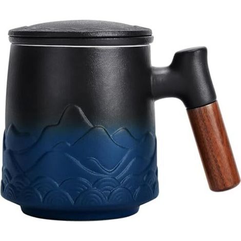 Mug en céramique avec filtre et couvercle, grande tasse à infusion avec anse en bois, cadeau (bleu) (1/4)