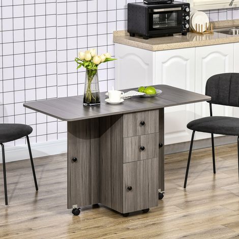 Klappbarer Küchentisch, klappbarer Esstisch mit 2 ausklappbaren Tischplatten, 2 Schubladen und 1 Schrank, grau
