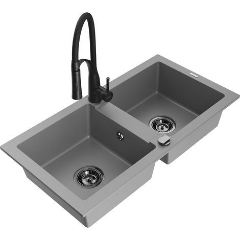 Mexen Mario 2-Becken-Granitspüle mit Mischbatterie Aster, Grau - 6504-71-73450-70-B (1/5)