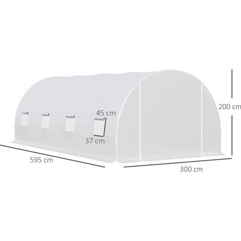 Serre Outsunny 595 x 300 x 200 cm, tunnel de culture pour tomates avec porte et fenêtre, en acier galvanisé, serre tunnel pour plantes, ancrages au sol et cordes inclus, tunnel de jardin, blanc (1/5)