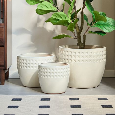 Set 3 vasi Ø38/30,5/23 cm in ceramica crema, drenaggio per salotto e giardino FloraGrace (1/5)