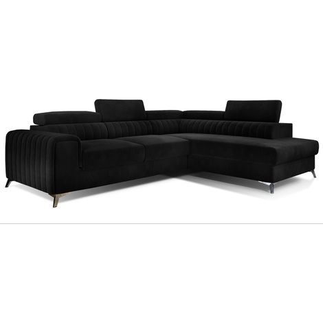 Canapé d'angle convertible velours appuis-tête réglables LOZA - Coffre et pieds acier chromé angle droit-Noir-angle droit (1/5)