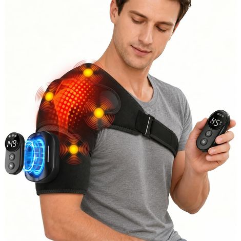 Masseur d'épaule 3 en 1 avec télécommande, coussin chauffant pour les épaules avec 5 niveaux de chaleur et 5 modes de vibration, batterie 5000 mAh, bandage d'épaule rechargeable avec minuterie pour la (1/5)