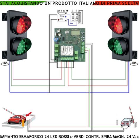 Kit Semaforo Orientabile Rampa Garage 24 Led Rossi e 24 Verdi Lente Ø 124 mm Alim. 24 Vac 3 W IP65 Tempi Regolabili da 8 a 120" 2 Sensori Masse Metalliche Interrate Rilevano Passaggio e Sosta Veicoli (1/4)