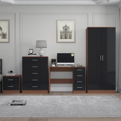 Reflect 2 Door Plain Wardrobe, 5 Drawer Chest, 2 Drawer Bedside & Desk - Black Gloss & Walnut - Modern Bedroom Furniture Set (1/5)