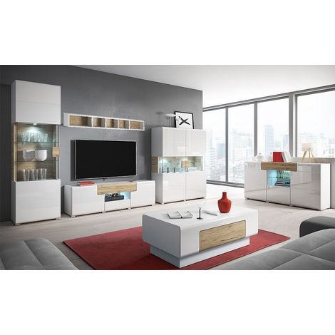Ensemble complet de 6 meubles de salon collection OHIO. Coloris blanc et effet chêne. (1/5)