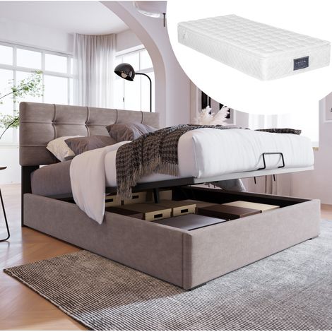 Lit simple 90/200 cm gris clair en velours avec rangement et matelas (1/5)