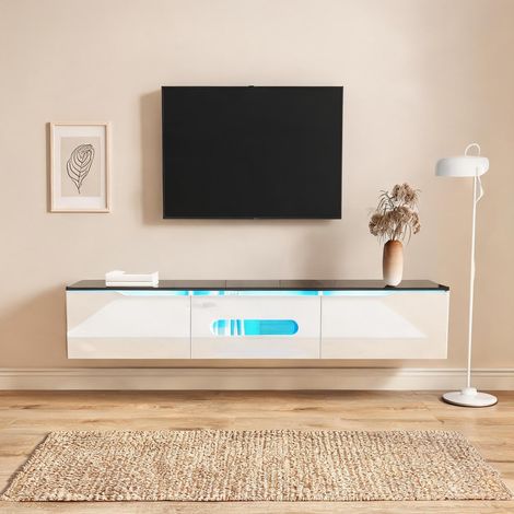Meuble TV mural noir et blanc 180 cm avec éclairage LED 16 (1/5)